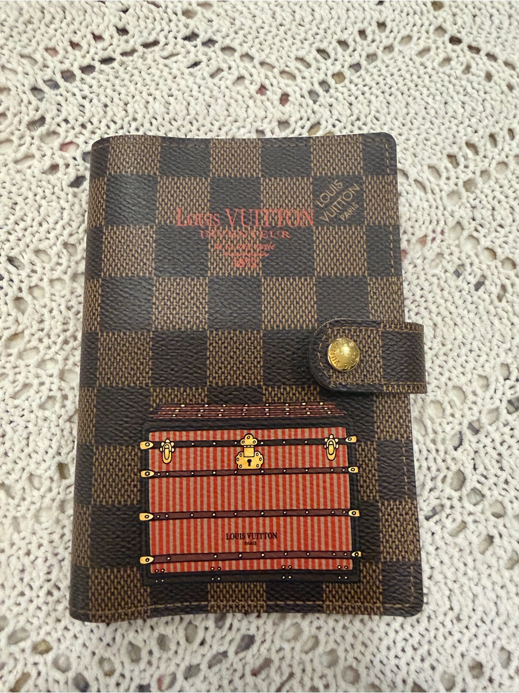 Louis Vuitton Damier Ebene Trunks And Locks Orange Agenda Planner Wallet Pm